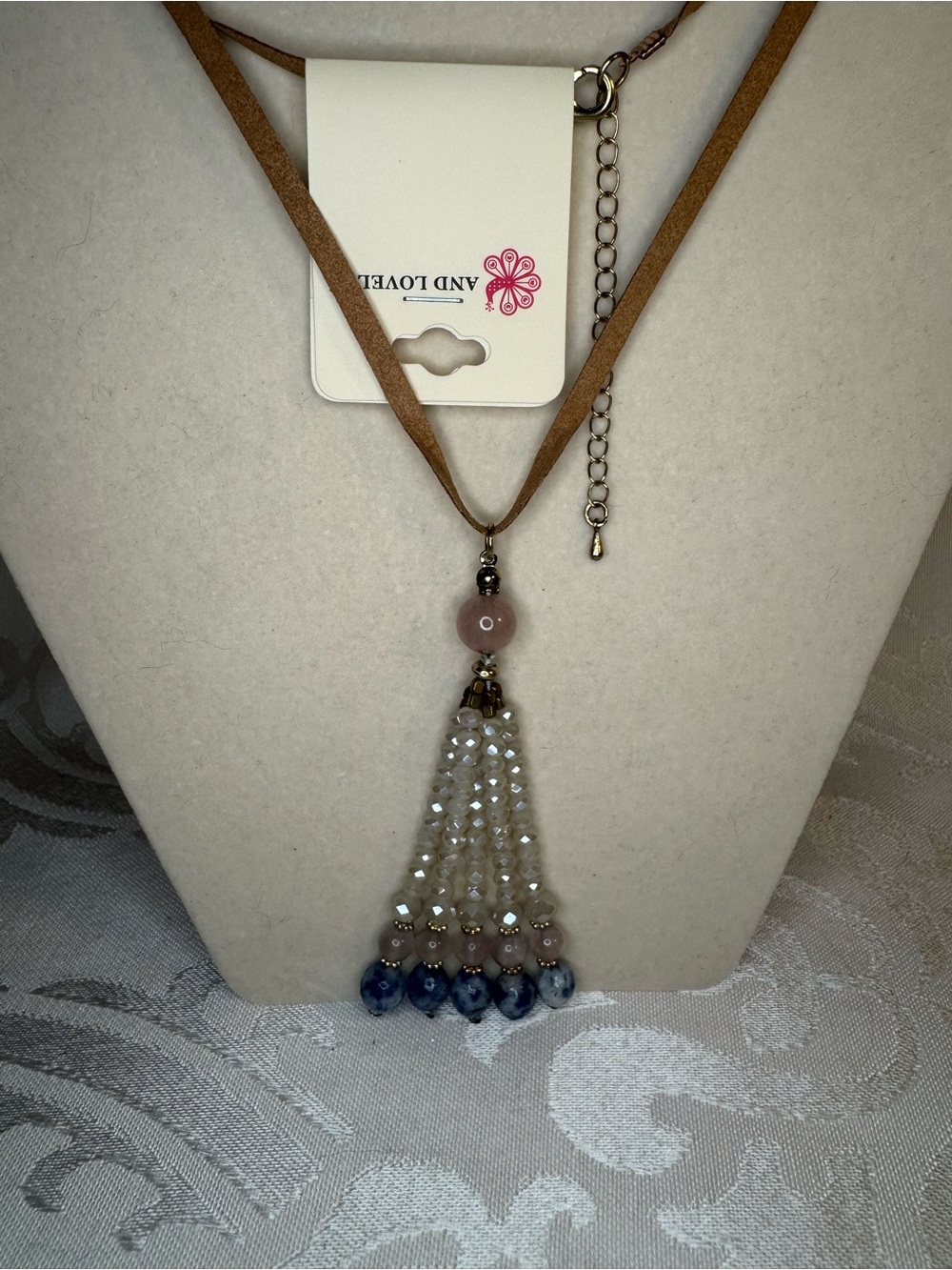 New And Lovely Tan Necklace with White and Blue Beaded Tassel
